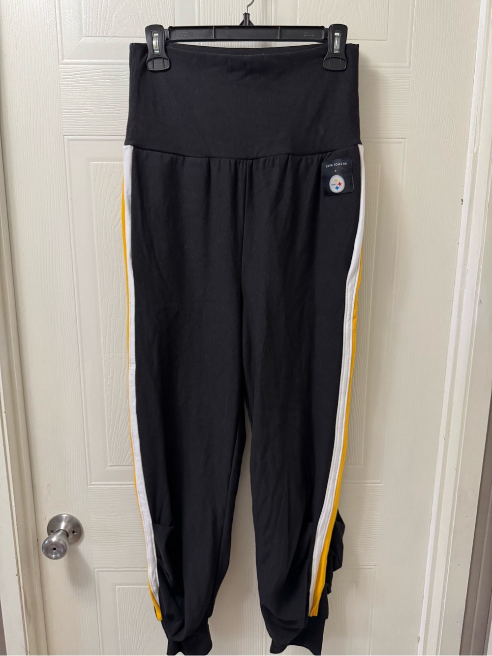 Womens Black Sweatpants with White and Yellow Side Stripes